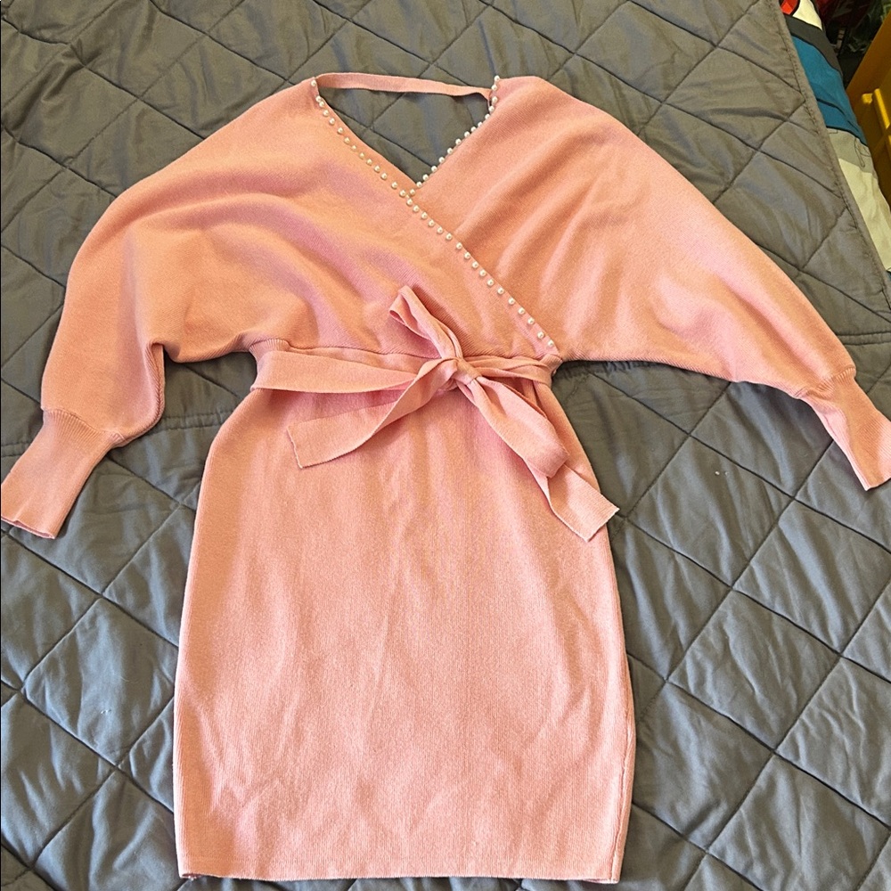Pink Wrap Dress with Pearl Accents NEW W/O tags